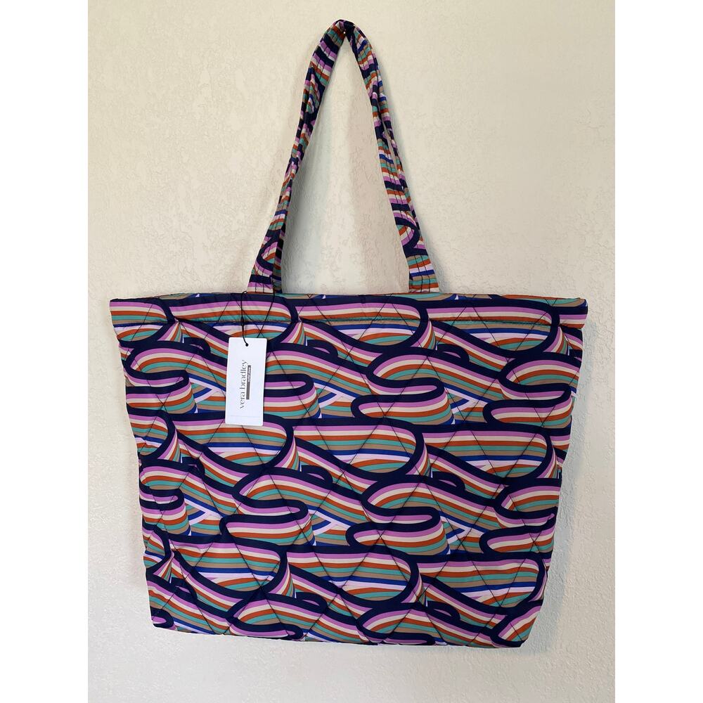 Vera Bradley Large East West Tote in purple Retro Ribbons pattern